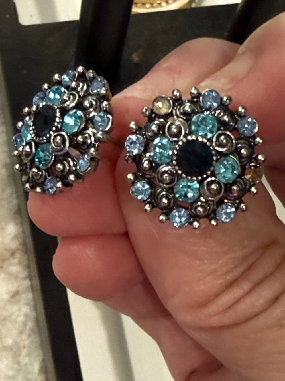 Vintage Blue Crystal Cluster Stud Earrings